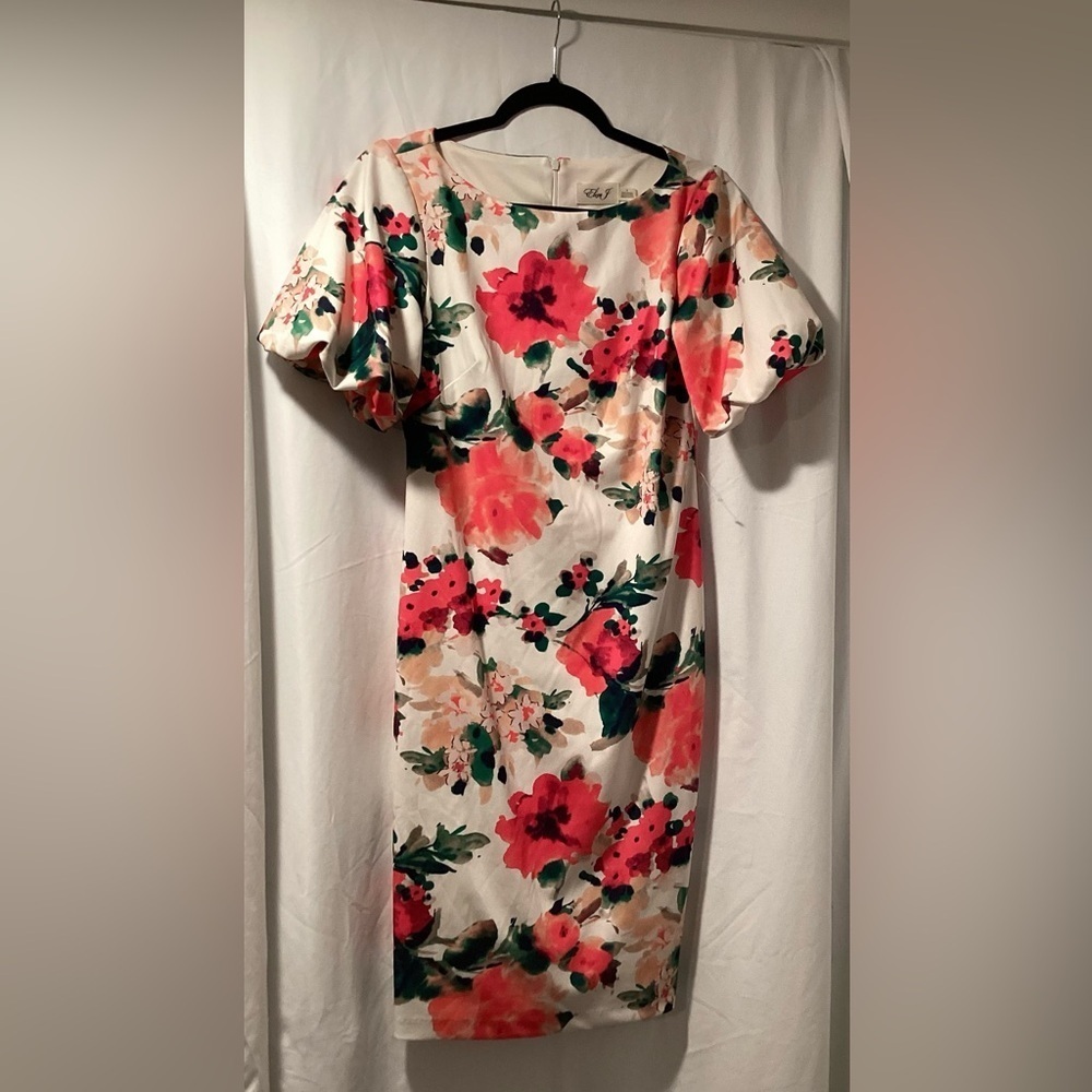 Eliza J Womens Floral Sheath Dress Size 4 White Pink Boatneck Flare Sleeve NWOT